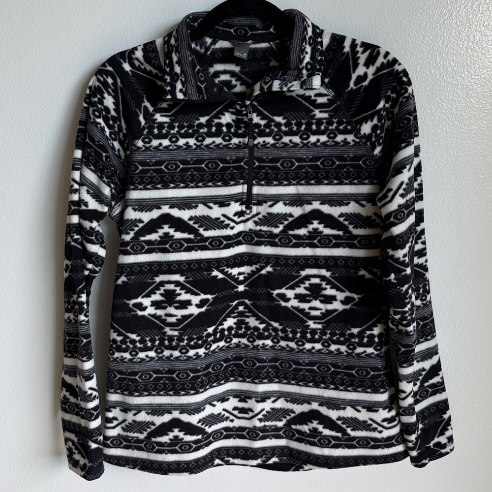 Eddie Bauer Black and White Geometric Quarter Zip Fleece Pullover Sweater Medium